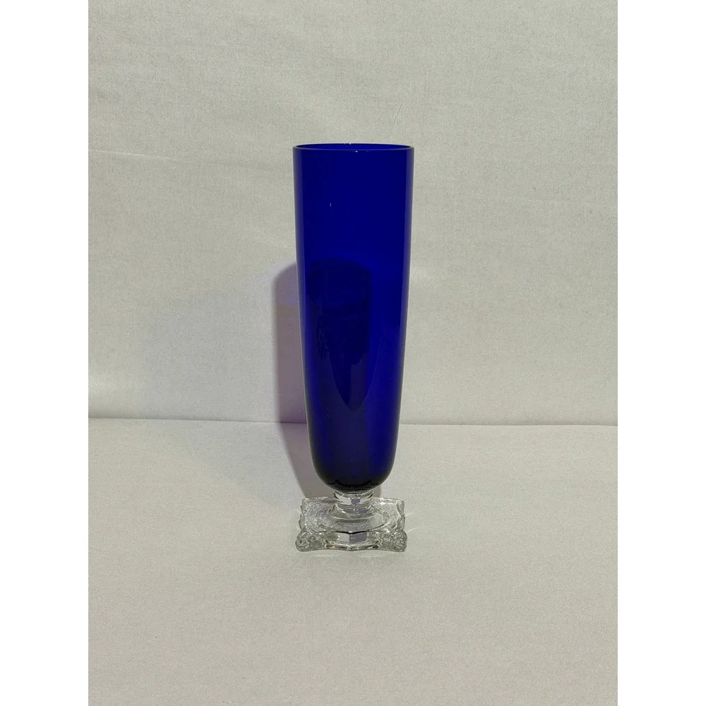 Vintage‎ Cobalt Blue Glass Bud Vase with Clear Scalloped Square Pedestal Base